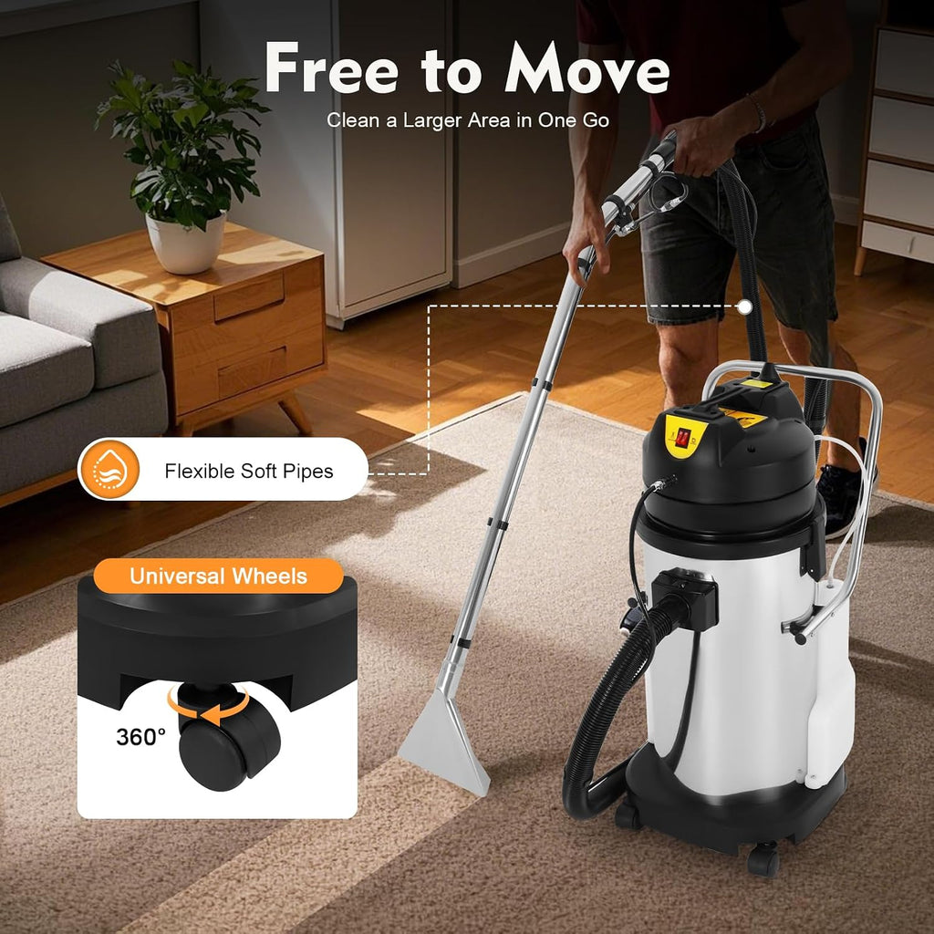 Commercial Carpet Cleaner Machine, 230mbar Heavy-Duty 10.6Gal Tank Stainless Steel Carpet Shampooer with 4 Attachments Wet/Dry Cleaner for Carpets/Sofa/Vacuuming 110V