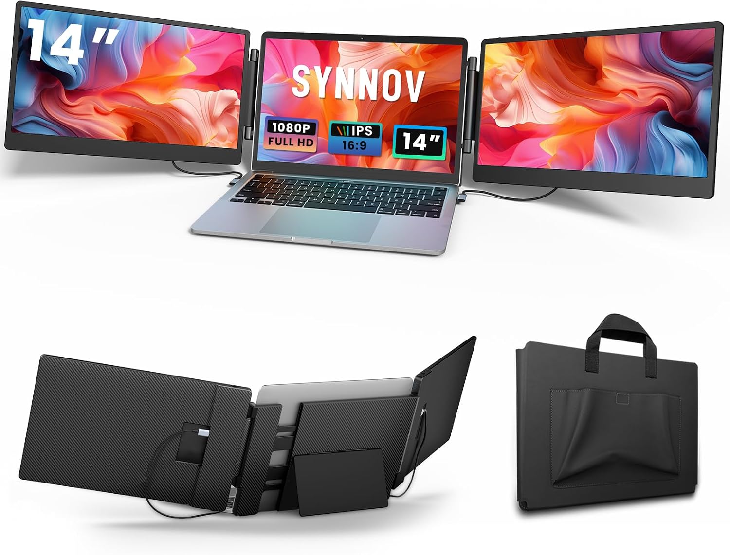 Synnov Laptop Screen Extender, 14' FHD 1080P Triple Portable Monitor for 13'-16.5' Laptop with Stand, Dual Monitors Built-in Speakers, Plug & Play, Monitor Extender for MacOS/Wins/Chrome/Dex