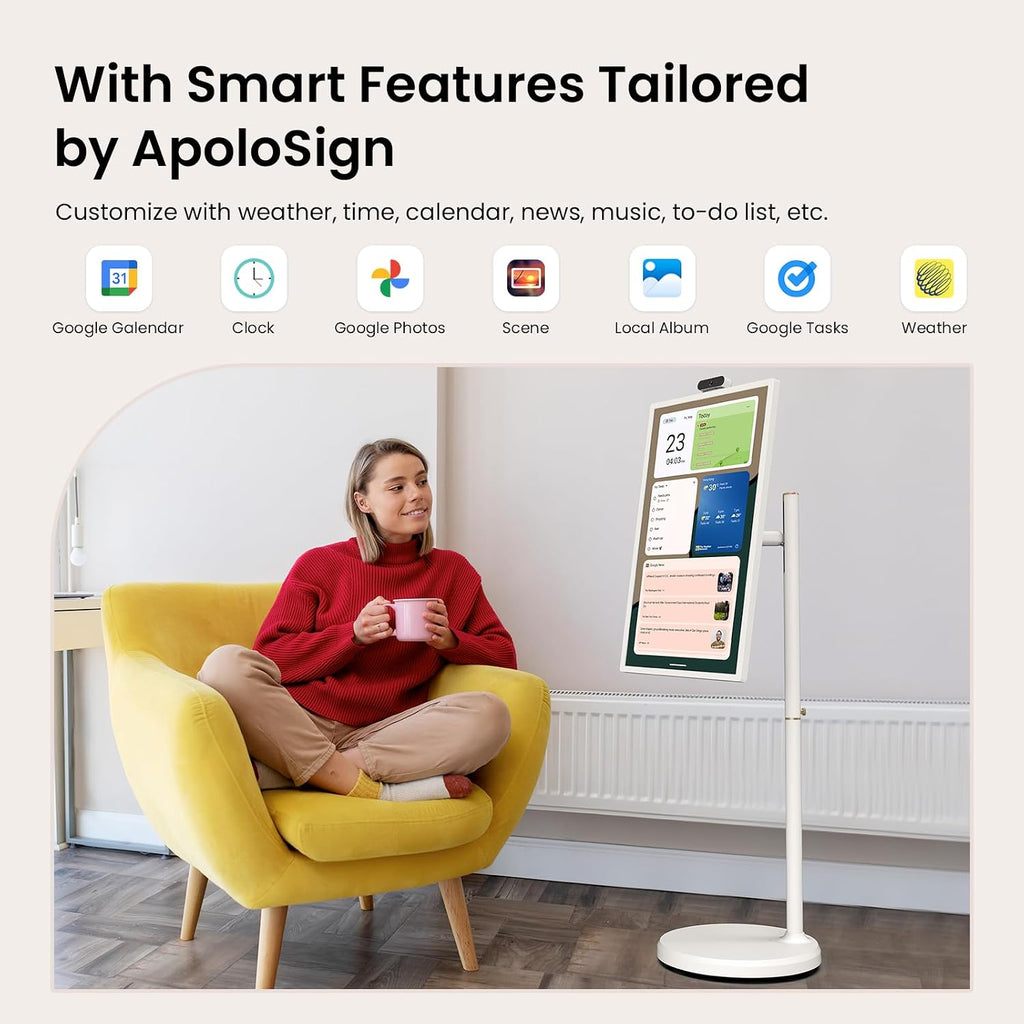 ApoloSign 24 Inch FHD Smart Portable TV 2nd Gen, 16(8+8) GB RAM+128GB, Android 16, EDLA-Certified, Rolling Tablet TV on Wheels, Built-in 5200mAh Battery, Full Swivel Rotation, Voice Remote Control