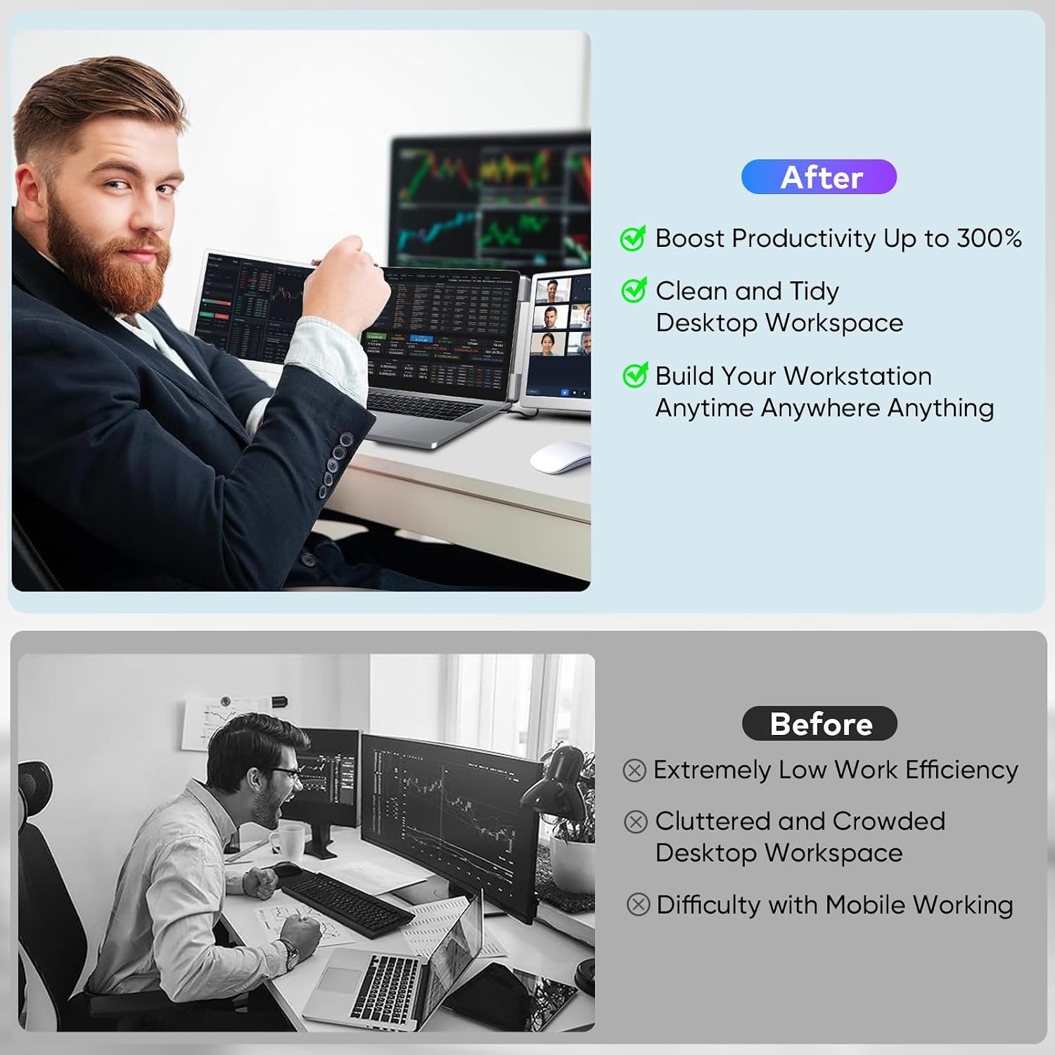 Laptop Screen Extender, FHD 1200P 16:10 IPS Portable Monitor for Laptops 12~16.2 inch, 14' Triple Screen Laptop Monitor Extender Display, Plug & Play with USB-C HDMI for Windows/MacBook/Switch/PS5