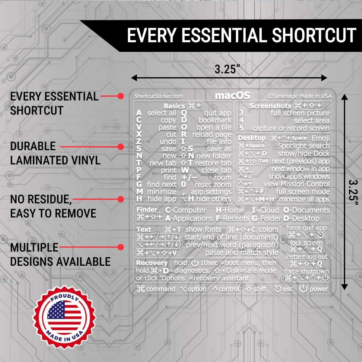 Synerlogic (1000pcs) Mac OS Shortcuts Sticker for Air/Pro | Keyboard Stickers for macOS | Laminated Vinyl MacBook Cheatsheet | MacBook Shortcuts 2026 (Clear/White1000pk)