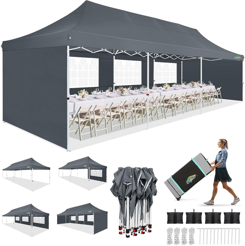 COBIZI 10x30 Pop up Canopy with 8 Removable Sidewalls & 4 Sandbags, Party Tent for Parties, Wedding, and Commercials, Waterproof and Instant Shelter UV50+ Ez Outdoor Canopy Tent with Roller Bag
