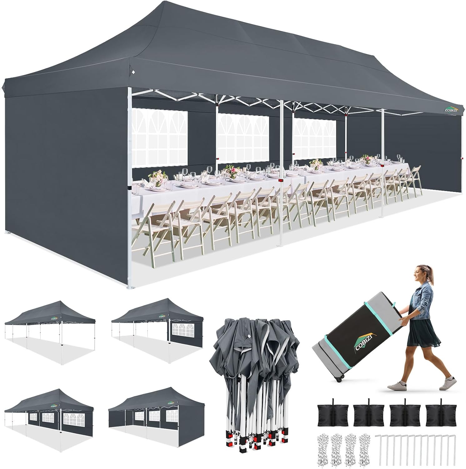 COBIZI 10x30 Pop up Canopy with 8 Removable Sidewalls & 4 Sandbags, Party Tent for Parties, Wedding, and Commercials, Waterproof and Instant Shelter UV50+ Ez Outdoor Canopy Tent with Roller Bag