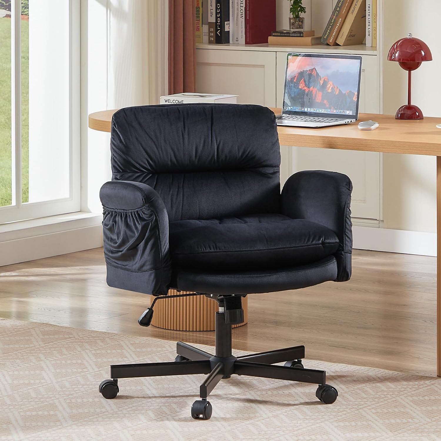 Bestier Criss Cross Office Chair with Flip-Up Armrests, Swivel Makeup Vanity Chair with Wheels & Side Pockets, Cross Legged Office Chair for Home Office, Bedroom, Black Velvet