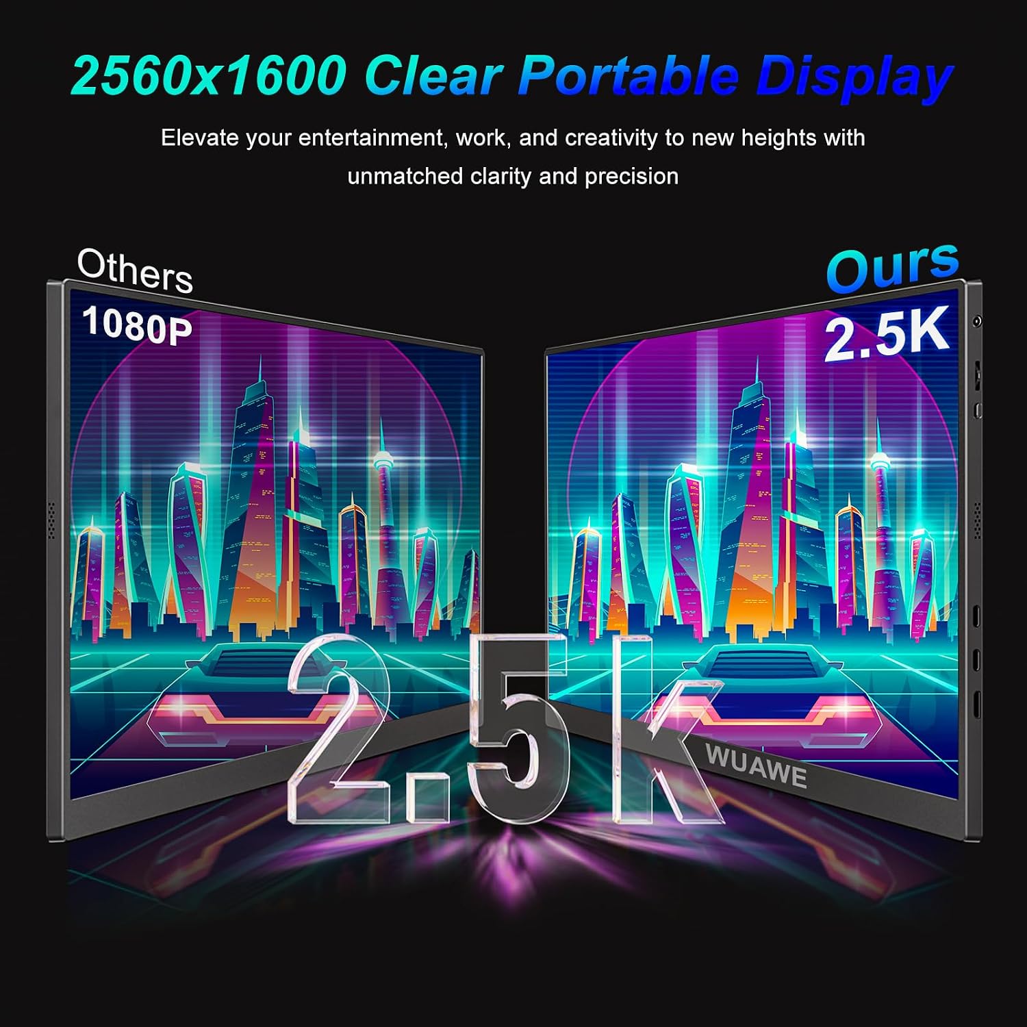 WUAWE Portable Monitor 16' 16:10 IPS Travel Monitor for Laptop, 100% sRGB Control USB-C HDMI,HDR Freesync Display, Plug&Play for Phone PS5 Switch (2.5K|144HZ, Black, 16inch)