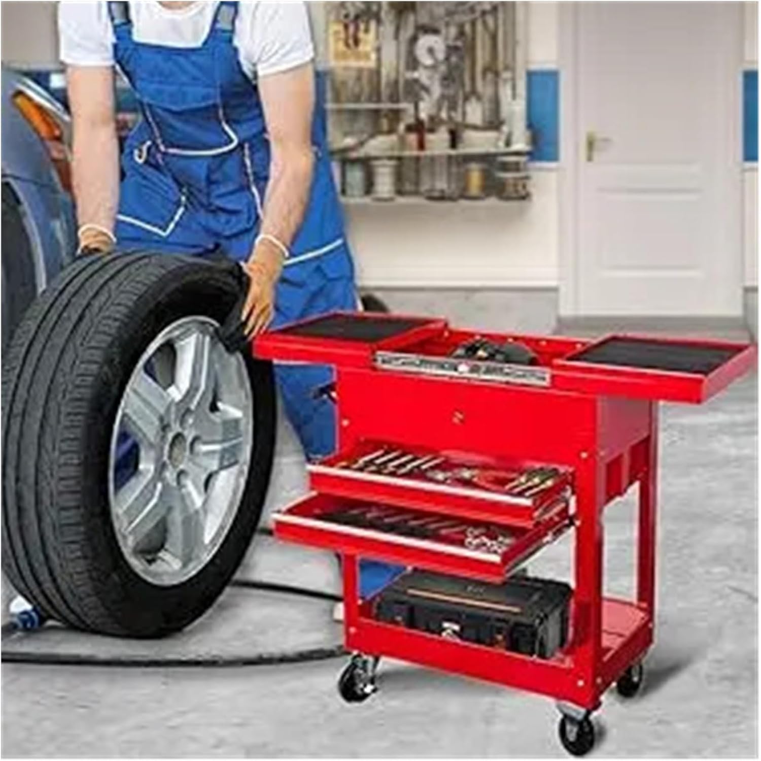 Toolbox Rolling Garage Workshop Tool Organizer with Directional Wheels, 2 Drawer Tool Chest Tray with Top Work Surface and Storage Push Cart Tool Box