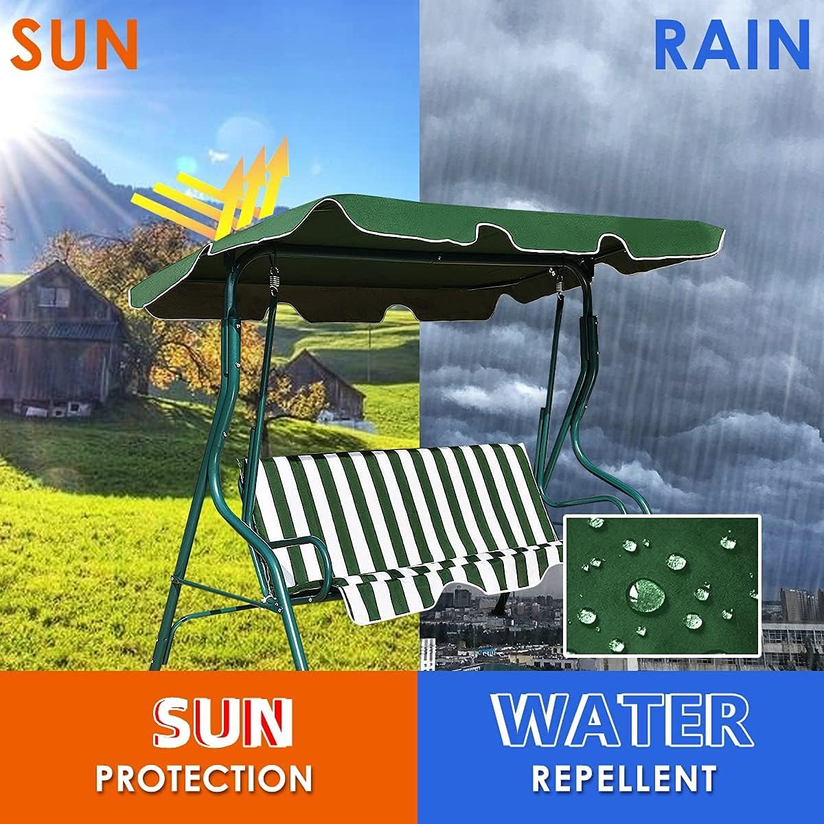 3-Seater Canopy Swing Chair, Waterproof Outdoor Swing Cushioned Seat with Adjustable & Removable Canopy, Steel Frame Polyester Fabric Oxford Cloth Patio Hammock Cover Top (Green)