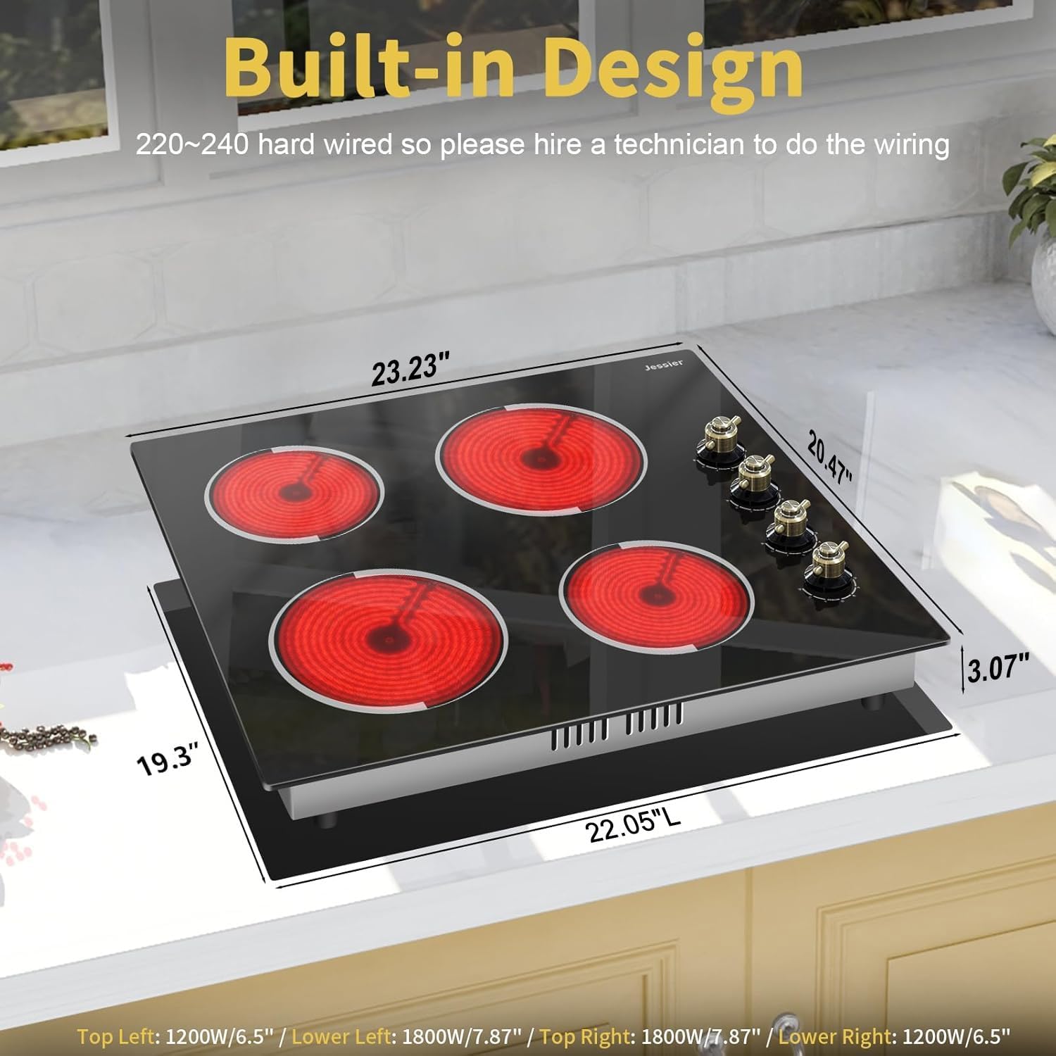 Electric Cooktop 24 Inch - 4 Burner Drop-in(22.05'x19.3') Radiant Electric Cooktop 6000W Knob Control, 220V Electrical Ceramic Stove Top, 9 Heating Levels, Residual Heat Indication (No Plug)