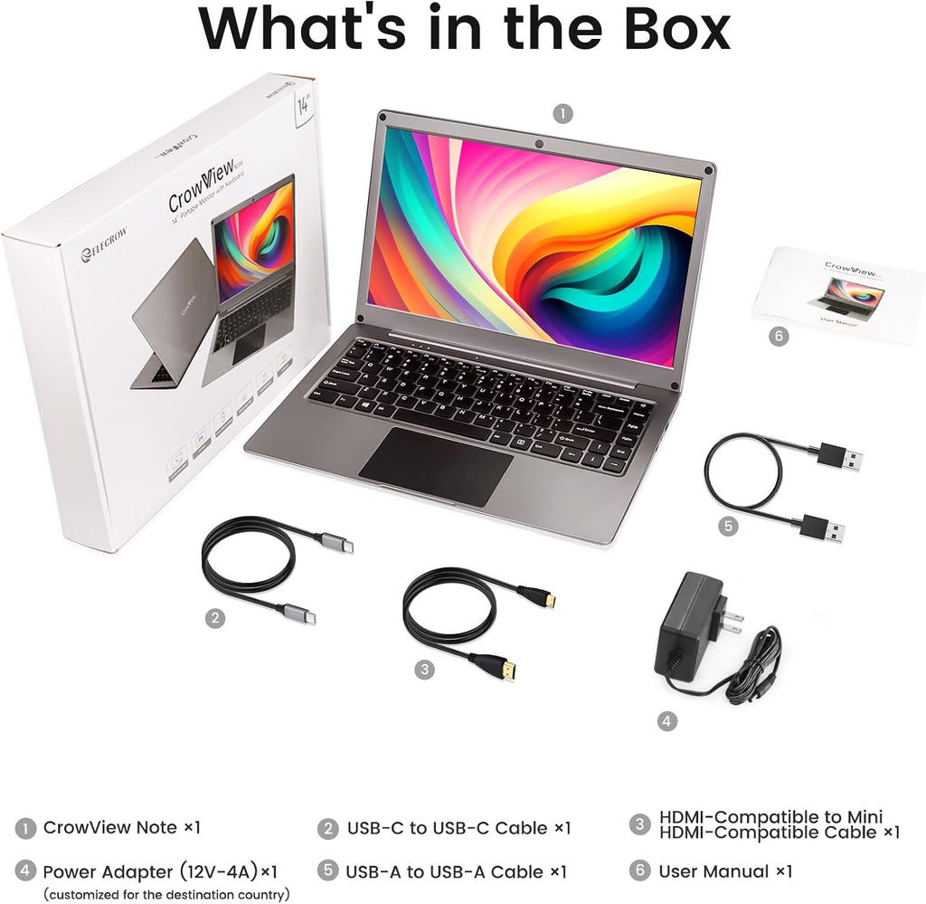 Portable Monitor with Keyboard,14inch 1080P FHD Lapdock Compatible with Raspberry Pi/Mini PC/Phone/PC/Game Console,CrowView Note Built-in Battery(Full Feature TypeC & HDMI Cable Included)