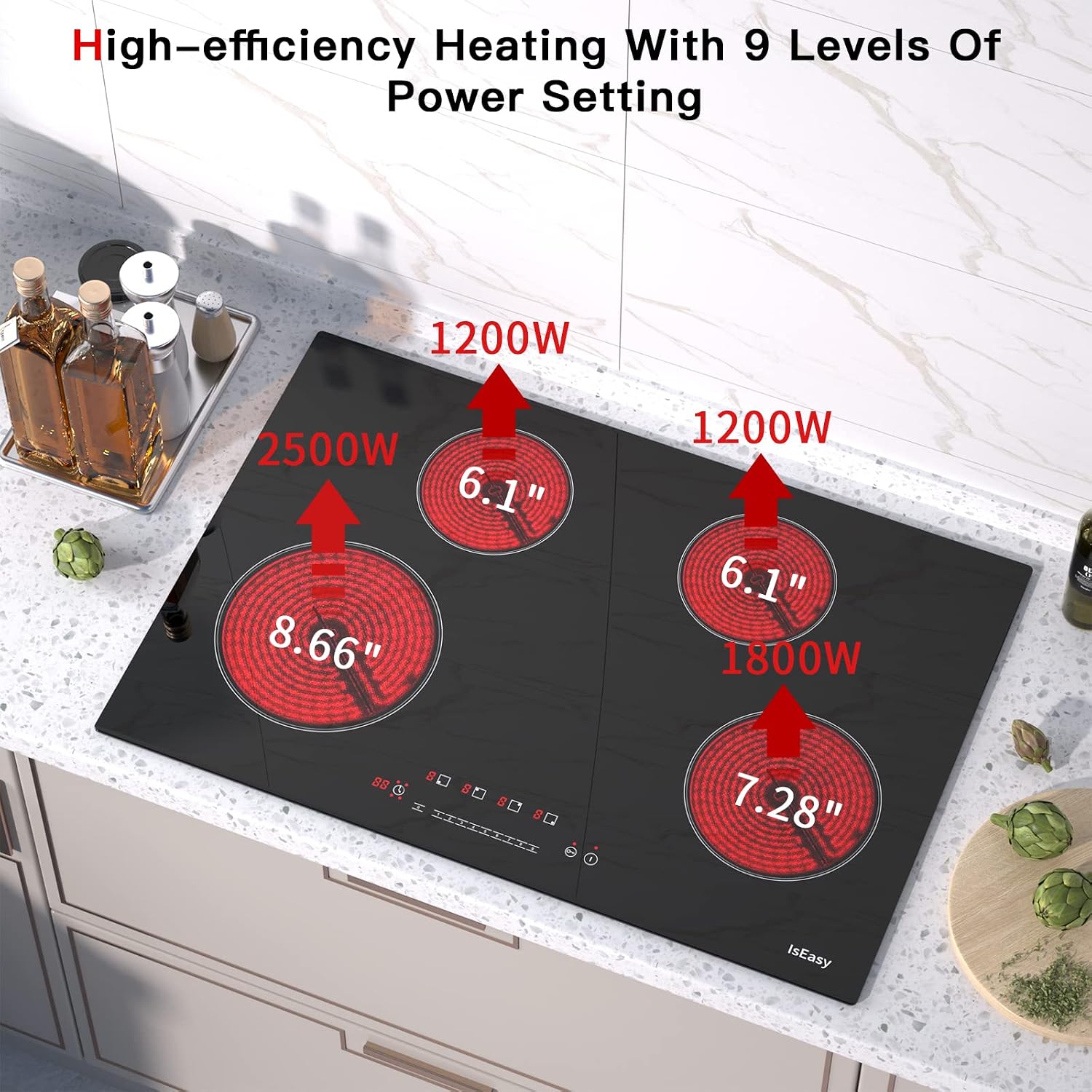 Electric Cooktop 30 inch Ceramic Stove 4 Burners 6700W Built-in Stove Top Electric Hot Plate Satin Glass cooktop in Black Touch Sensor Control/Timer/Child Safety Lock/9 Power Levelsr/220-240V