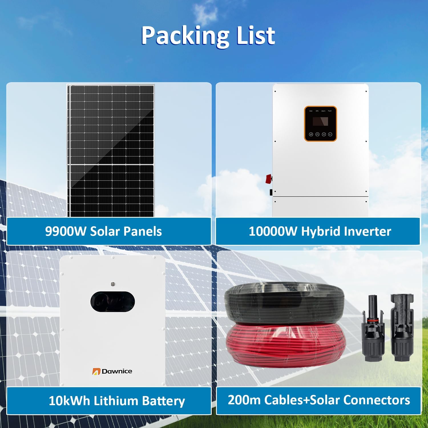 10kW Solar Panel Kit Complete System with 18pcs 550W Bifacial Solar Panels, 10kWh Lithium Batteries, 10kW Hybrid Inverter, Solar Cables, Solar Connectors for DIY Off Grid Living