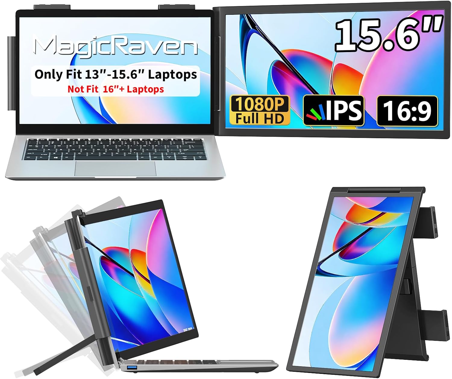 MAGICRAVEN Laptop Screen Extender, 15.6' 1080P IPS Portable Monitor, Travel Monitor for 13-15.6' Laptops with USB-C/HDMI Port, Plug and Play Attachment Screen for Windows/Mac/Android/Switch/PS5/Xbox