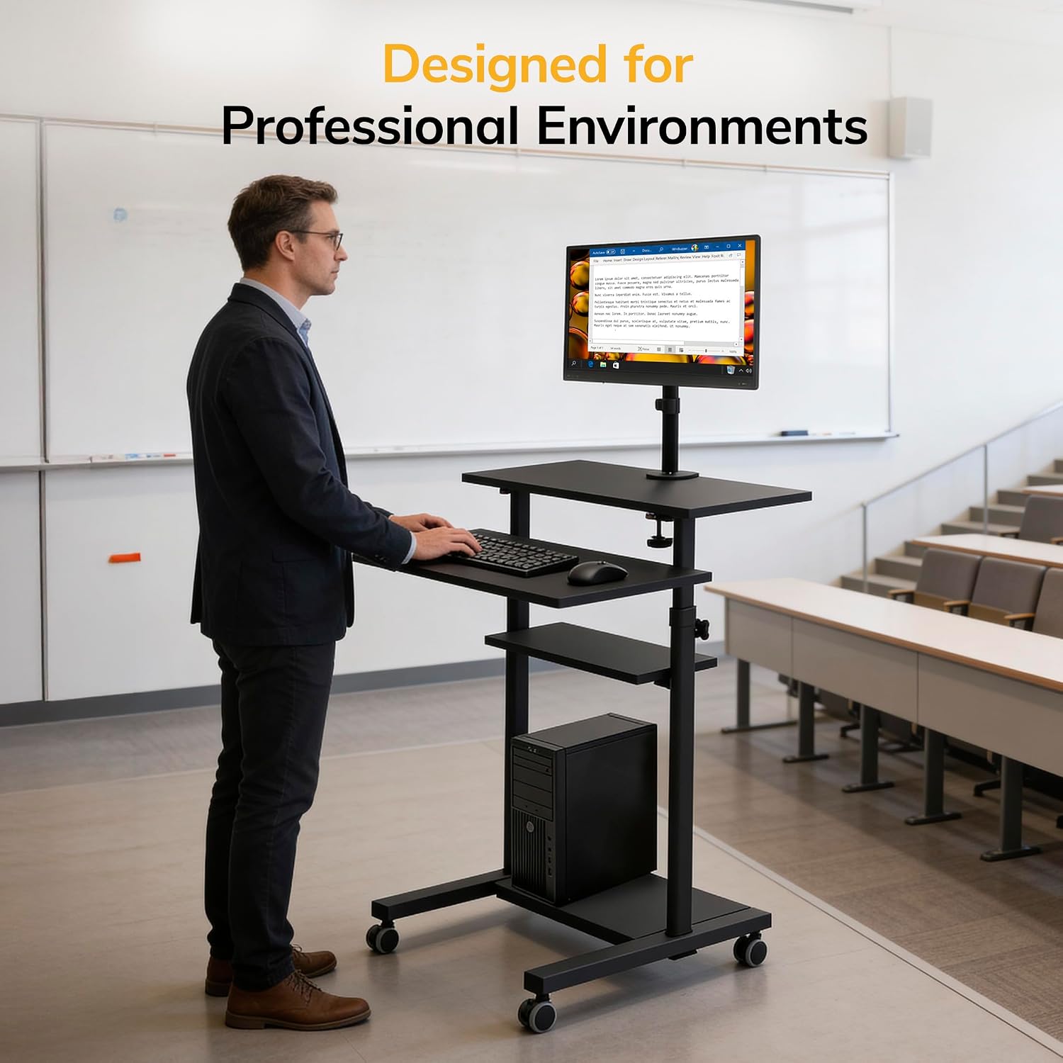 Mount-It! Mobile Computer Cart with Monitor Mount for Screen up to 32', Portable Desk on Wheels, Rolling Laptop Stand for Teachers, Office, Classroom, Rise up to 53', Podium, Keyboard Tray, Black