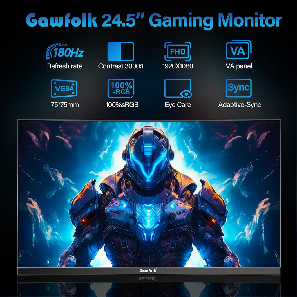 Gawfolk 25 Inch Gaming Monitor, 144hz/180hz Computer Monitor FHD 1080P PC Monitors,Frameless Curved Monitors VA,sRGB 100%, DisplayPort, HDMI,Eye Care, Wall Mount Compatible (Black)