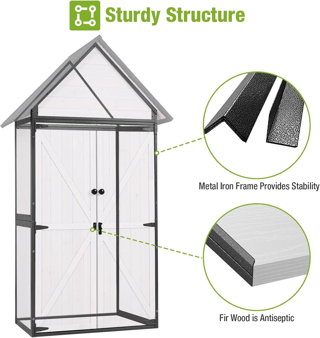Sheds Outdoor Storage, Wooden Garden Shed with All Around Strong Metal Frame, Large Tool Shed with Floor and Adjustable Shelves, for Backyard Garden Patio Lawn(White)
