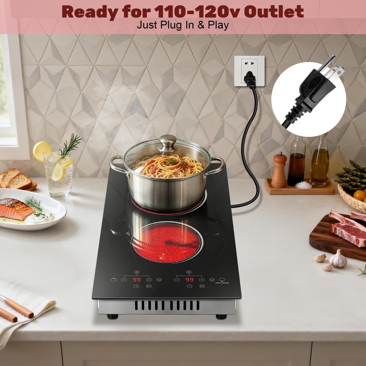 2 Burner Electric Cooktop 2000W, 12 Inch Electric Cook Top Plug in 110V, Electrics Stove with Touch Control, Countertop & Built-in Ceramic Stovetop, 9 Heating Level, Timer, Residual Heat Indicator