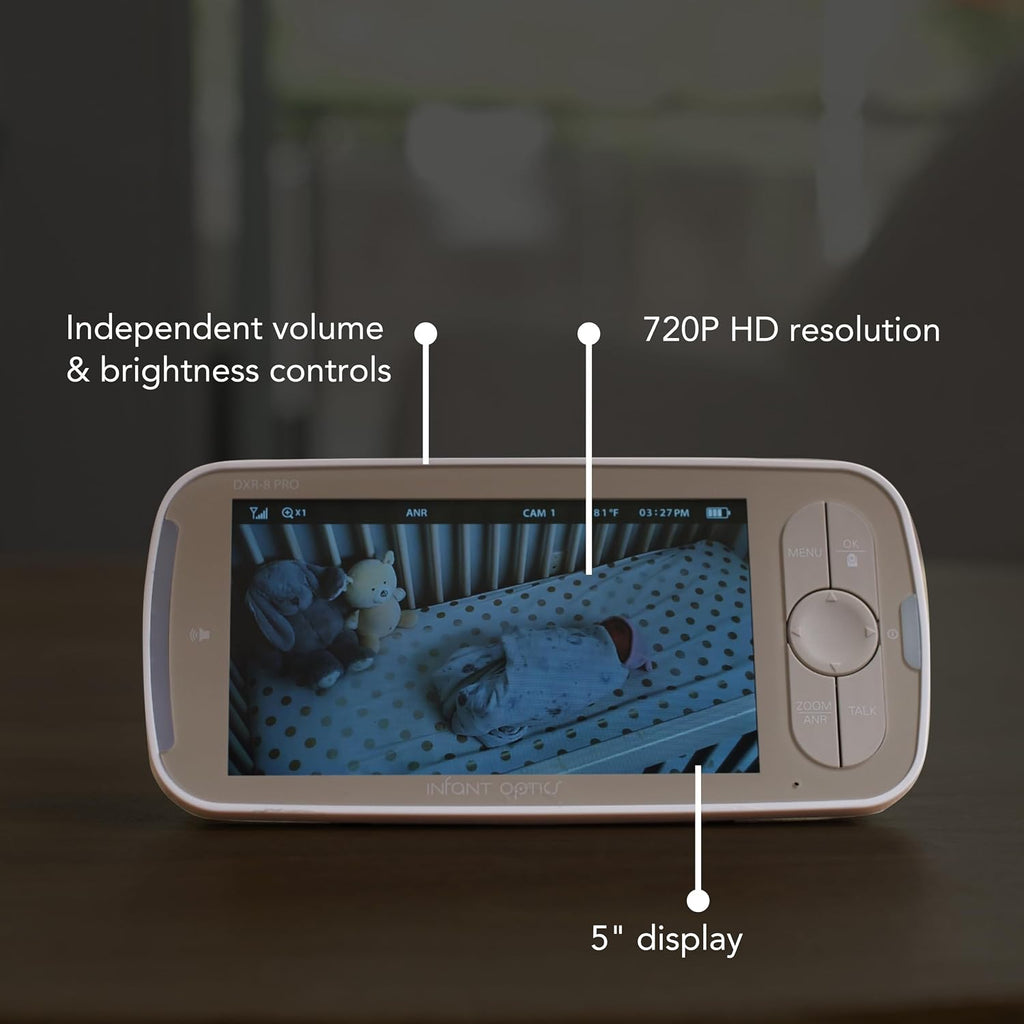 Infant Optics DXR-8 PRO - Patented Active Noise Reduction (ANR), 5' HD Video Baby Monitor with 1 Camera, No WiFi, Hack-Proof,Pan Tilt Zoom, Interchangeable Lens