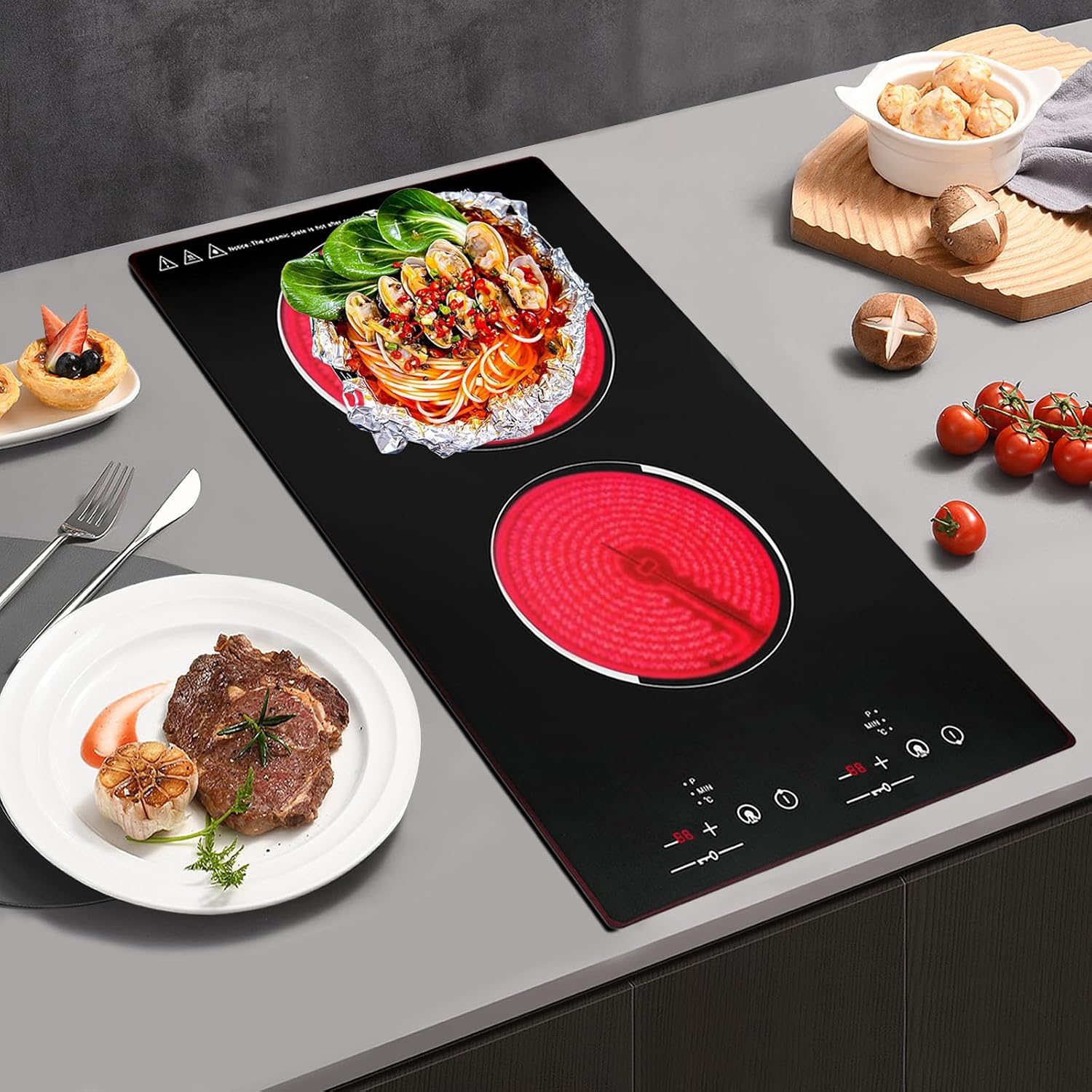 Electric Ceramic Cooktop 110V Built-in Electric Stove Top Induction Radiant Cooktop Sensor Touch Control 2/3/4 Burners 9 Power Levels, 120 Min Timer for Home All Cookware (2 Burners)