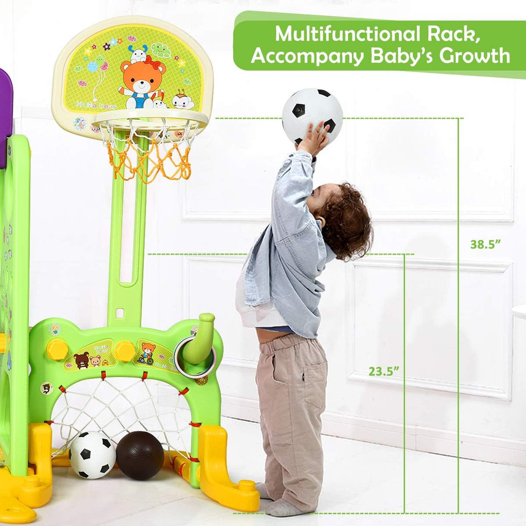 Costzon 6 in 1 Toddler Slide and Swing Set, Kids Large Climber Slide Playset with Basketball Hoop and Football Gate, Playground Swing Set for Indoor Outdoor Backyard 3-10 Gifts Presents