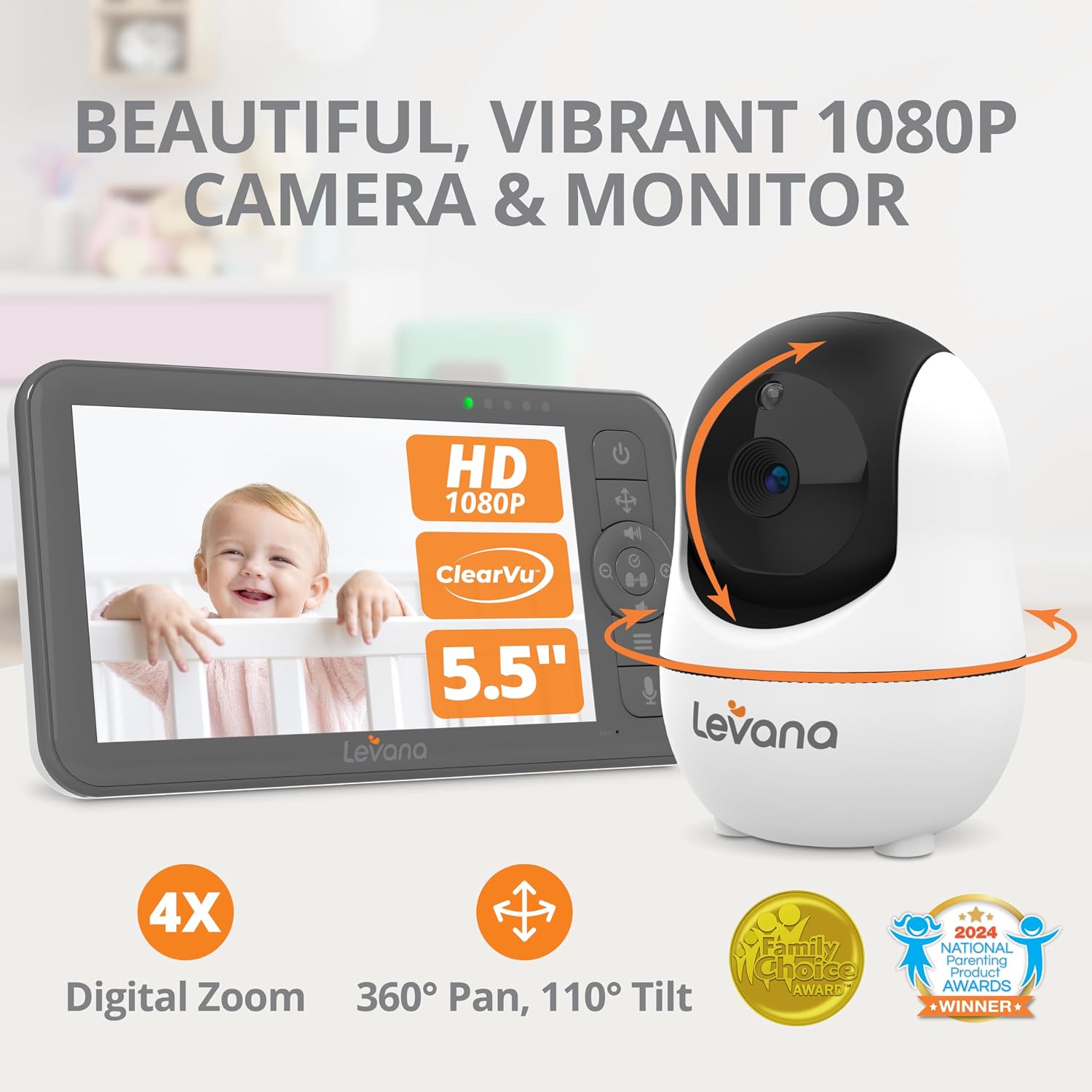 Levana Nala 5.5' HD Video Baby Monitor, 1080P Night Vision PTZ Camera, 22 Hour Battery Life, 5000mAH Battery, No WiFi, Two-Way Talk, 1000ft Range, Carrying Case, 2 Year Warranty