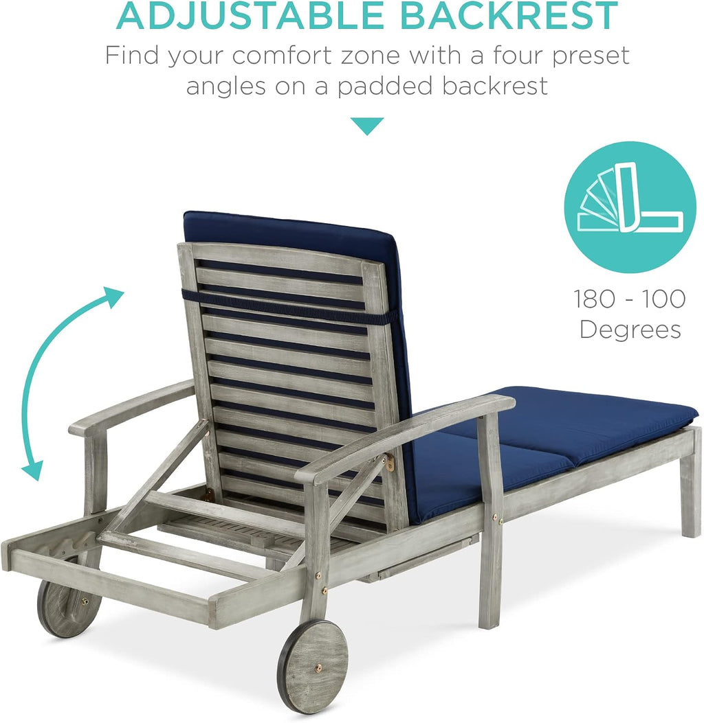 Best Choice Products 79x26in Acacia Wood Chaise Lounge Chair Recliner, Outdoor Furniture for Patio, Poolside w/Slide-Out Side Table, Foam-Padded Cushion, Adjustable Backrest, Wheels - Gray/Navy