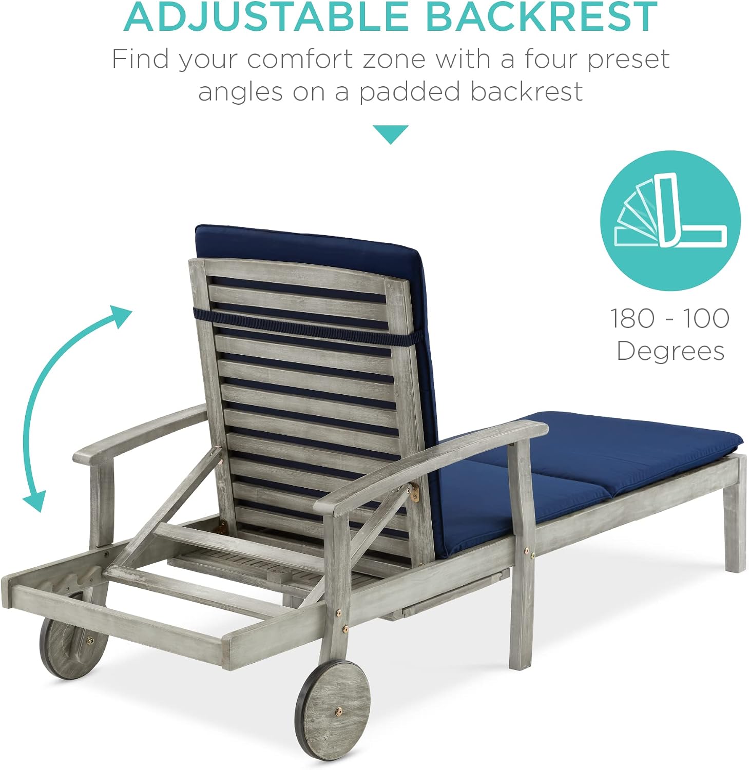 Best Choice Products 79x26in Acacia Wood Chaise Lounge Chair Recliner, Outdoor Furniture for Patio, Poolside w/Slide-Out Side Table, Foam-Padded Cushion, Adjustable Backrest, Wheels - Gray/Navy
