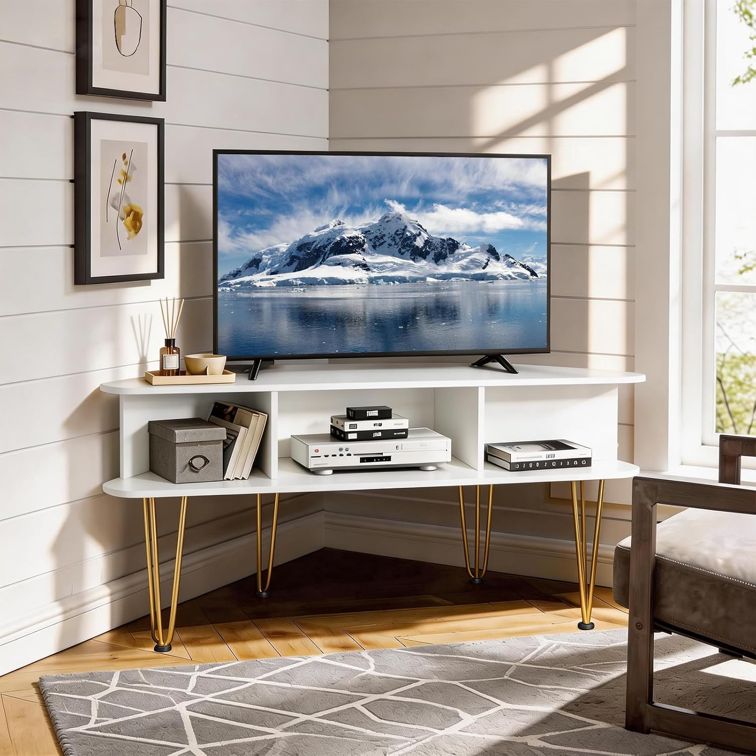 Corner TV Stand for 50 Inch TV, Entertainment Center with Storage Cabinet, Industrial Media Console Table with High Metal Feet and Anti-Slip Pads, TV Stand for Living Room, 50' TV Console, White