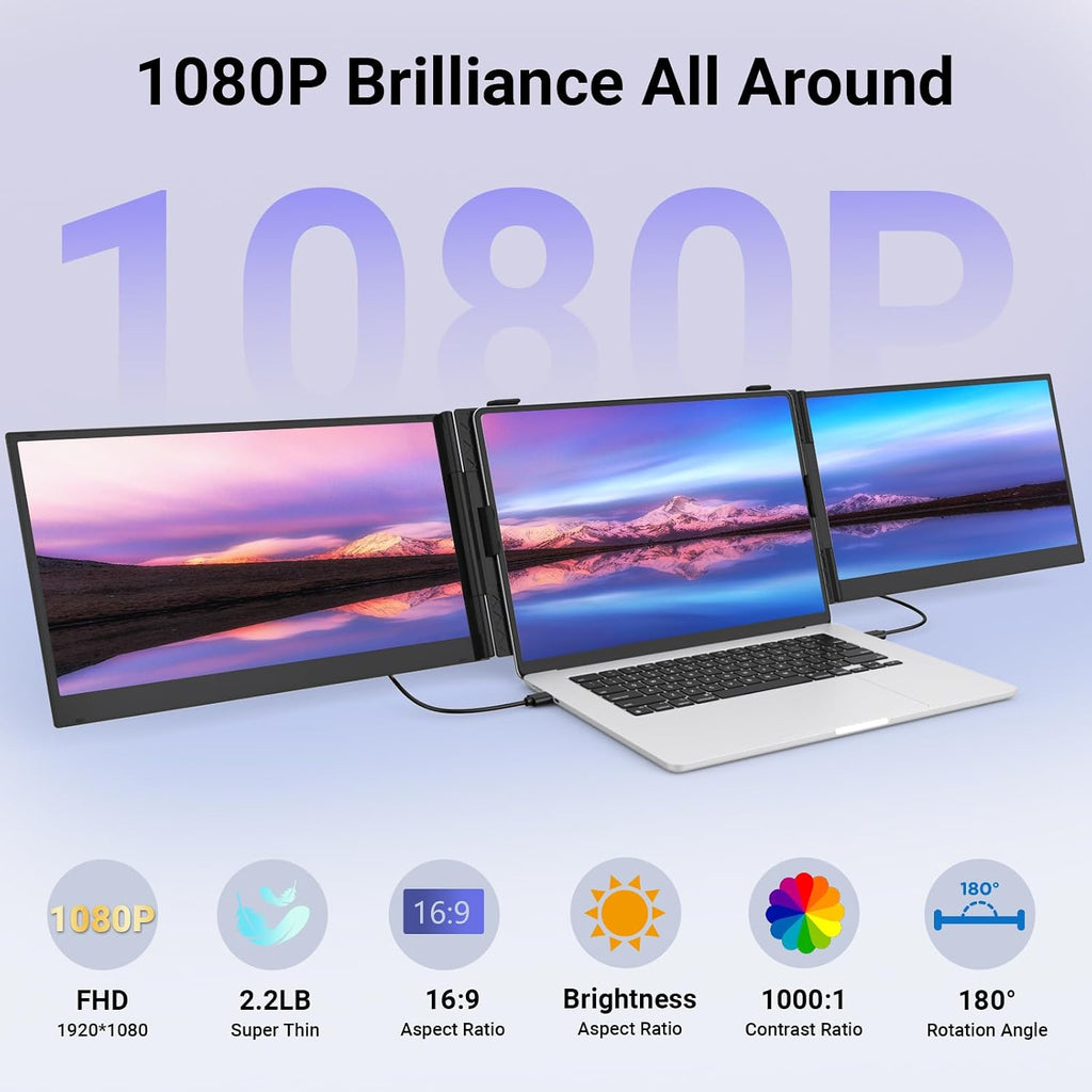 14' Triple Laptop Screen Extender, Ultra-Thin FHD 1080P Portable Monitor, 2.2lbs Lightweight Plug & Play Travel Monitor for 13'-17' Laptops, Compatible with Windows/Mac/Android/Chrome