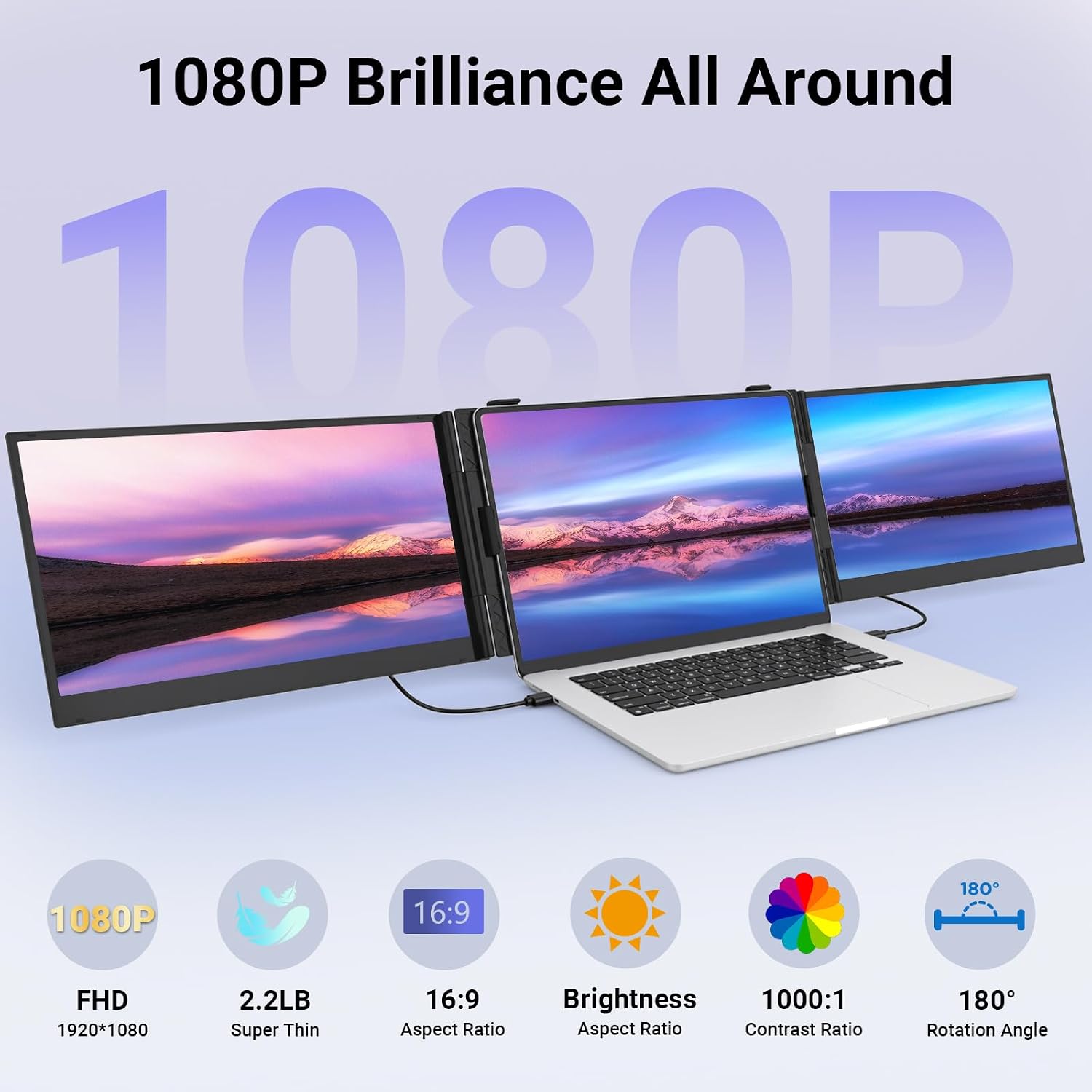 14' Triple Laptop Screen Extender, Ultra-Thin FHD 1080P Portable Monitor, 2.2lbs Lightweight Plug & Play Travel Monitor for 13'-17' Laptops, Compatible with Windows/Mac/Android/Chrome