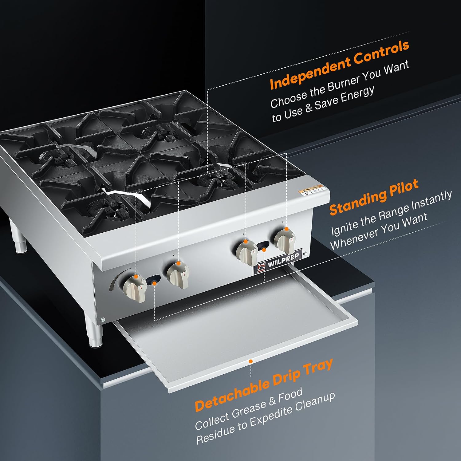 WILPREP Countertop Gas Range, 4 Burner Countertop Gas Stove with 100,000 BTU, 24' Propane with Natural Conversion Kit Grates, Stainless Steel Commercial for Restaurant Kitchen
