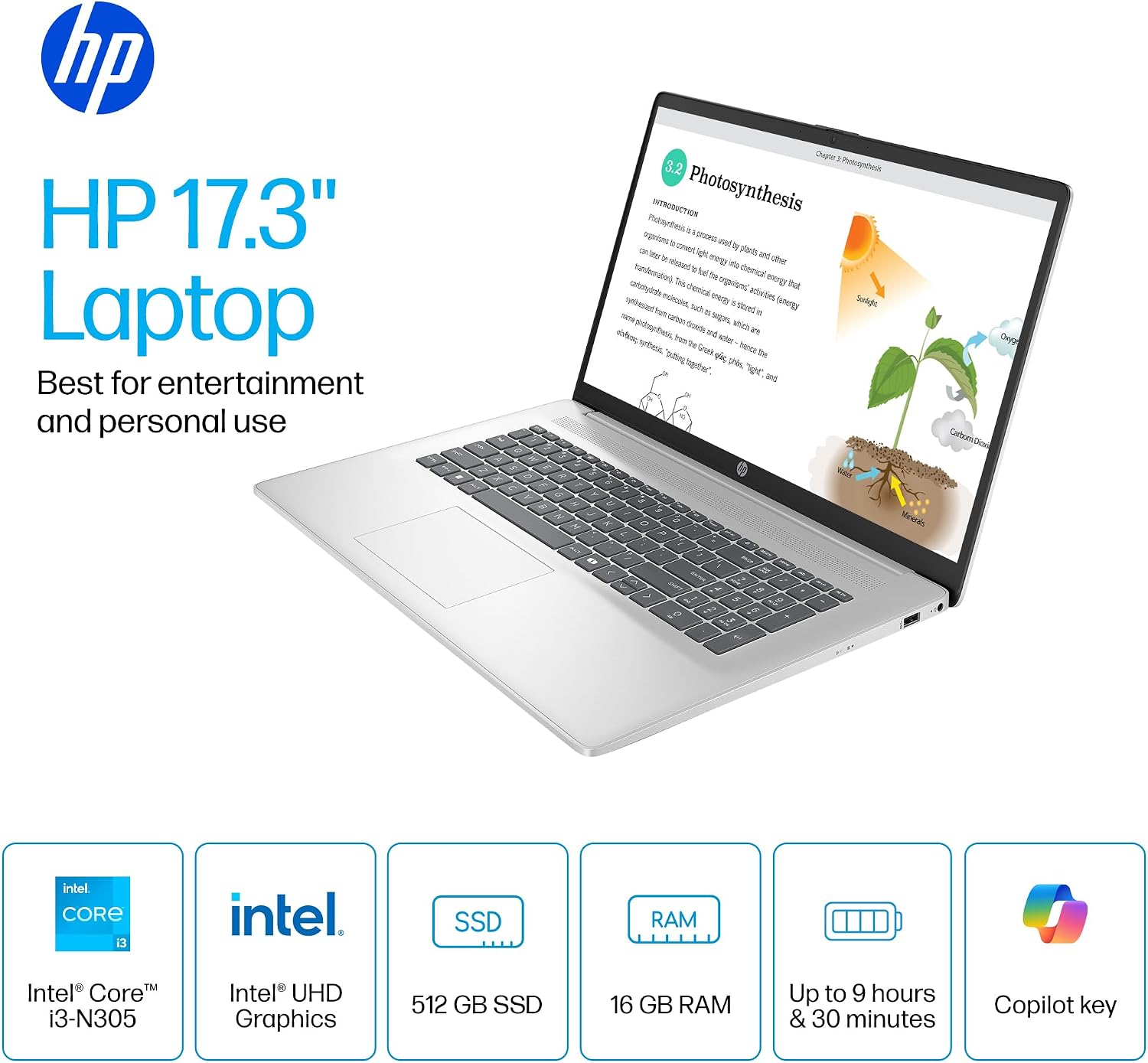 HP 17 Inch Laptop Computer for Business & Students 2025, 17.3' HD+ Display, Intel 8-Core i3 Processor, 16 GB RAM, 512 GB SSD, Copilot AI Key, Long Battery Life, Wi-Fi 6, Windows 11 Pro, Accessory Kit
