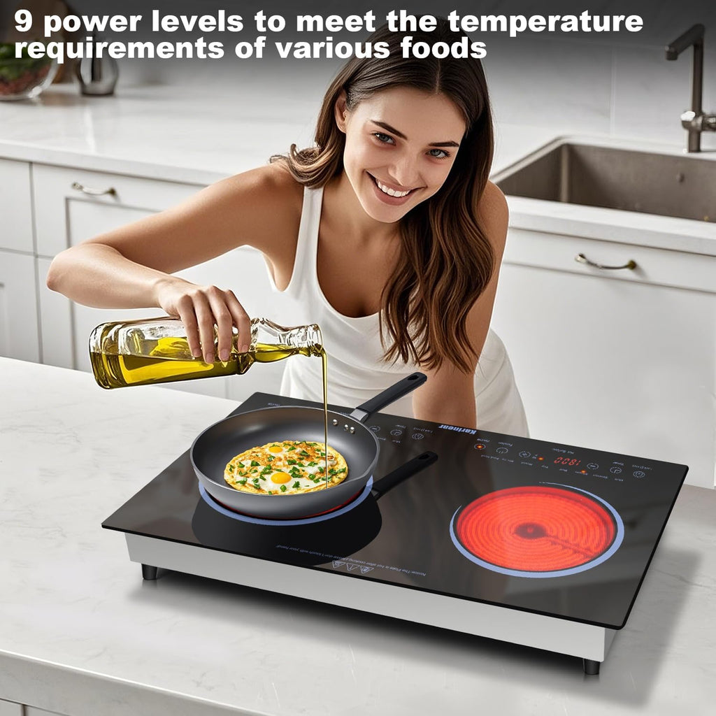 Karinear 2 Burners Electric Cooktop 24 Inch, 110v~120v Countertop and Built-in Elecric Stove Top, Portable Electric Radiant with Outlet Plug, Sensor Touch, Child Safety Lock, Timer(Blue)