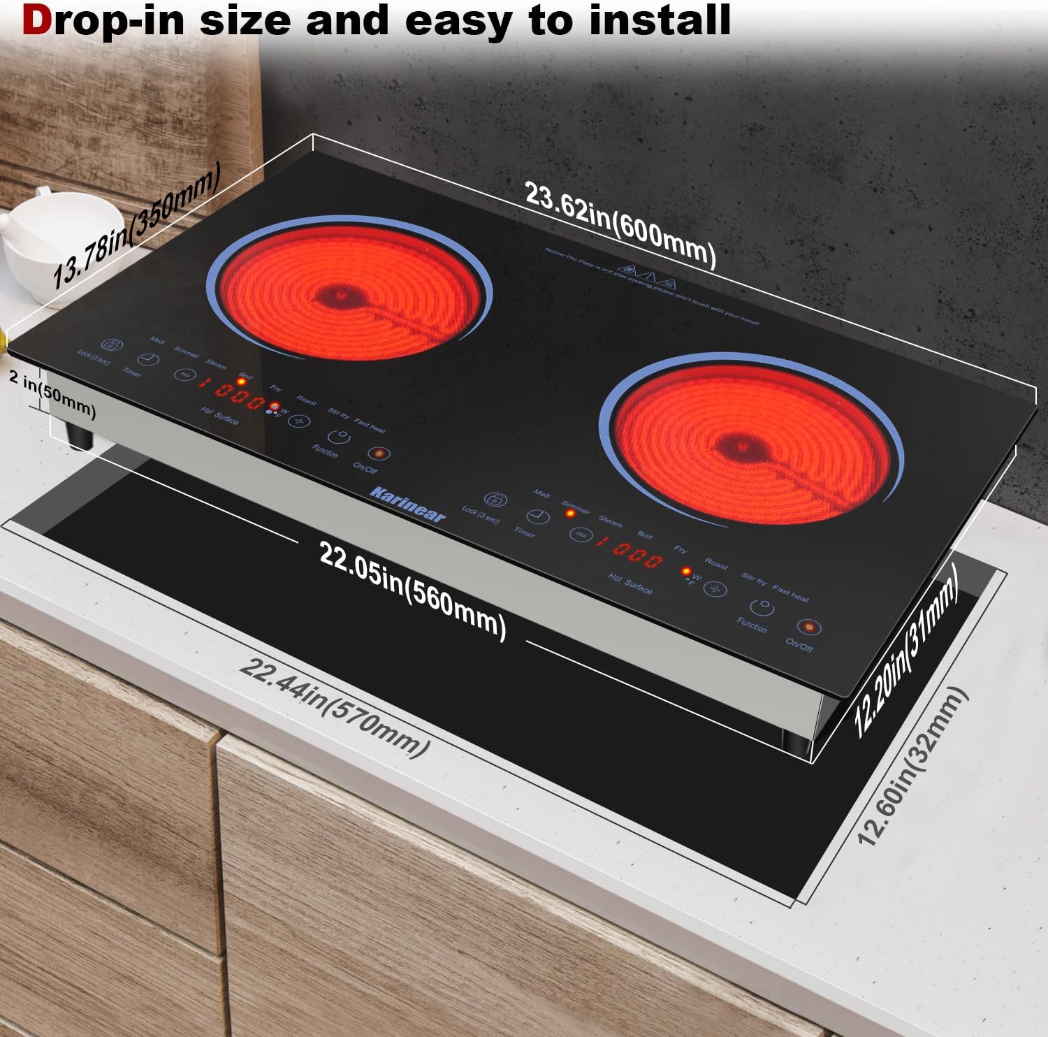 Karinear 2 Burners Electric Cooktop 24 Inch, 110v~120v Countertop and Built-in Elecric Stove Top, Portable Electric Radiant with Outlet Plug, Sensor Touch, Child Safety Lock, Timer(Blue)