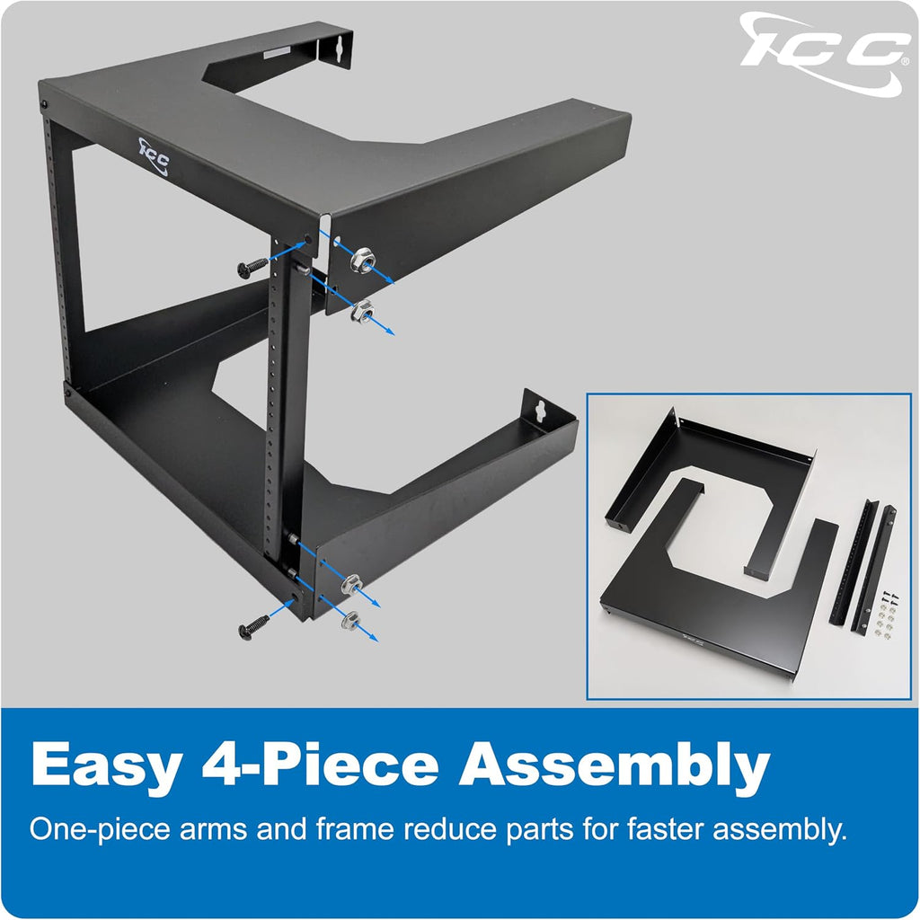 ICC 8U Wall Mount 19″ Open Frame Server Rack – 18″ Deep Cold-Rolled Steel, 125 lb Load Capacity – Network Rack for Patch Panels, Switches, AV, IT & Telecom Equipment Installations