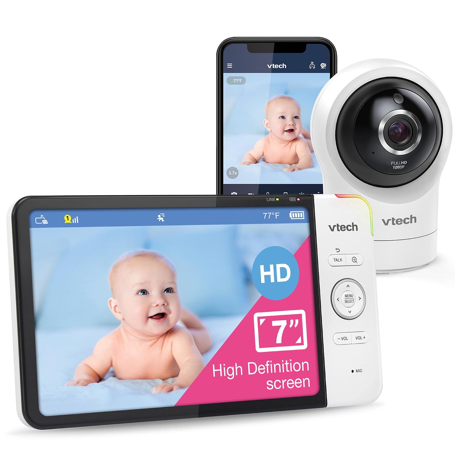 VTech RM7764HD 1080p WiFi Remote Access Baby Monitor, 360° Pan&Tilt, 7' 720p HD Display, HD Night Vision, Soothing Sounds, 2-Way Talk, Temperature Sensor, Motion Detection, iOS & Android