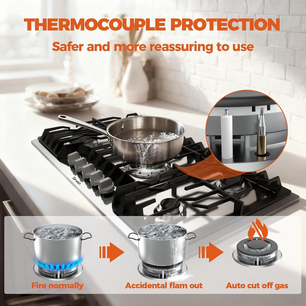 TOPWISH 36 Inch Gas Cooktop, Propane Stove Top with 5 ITALY SABAF Sealed Burners 41,800BTU, NG/LPG Convertible Built-in Stainless Steel Stovetop with Thermocouple Protection for Rvs Kitchen Outdoor