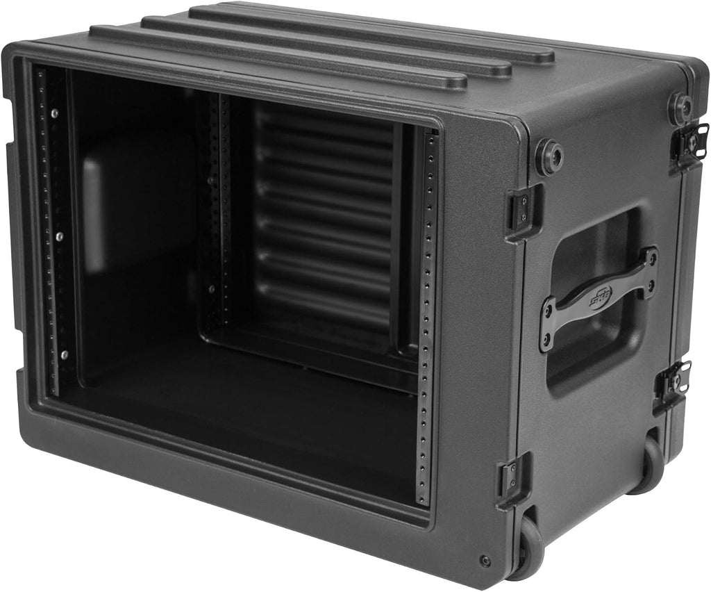 SKB 8U rSeries Shallow Rolling Rack with Integrated Back Wheels and 1-Touch Pull Handle, Comes with 8 Rack Units and Interlocking Molded Stacking Bars