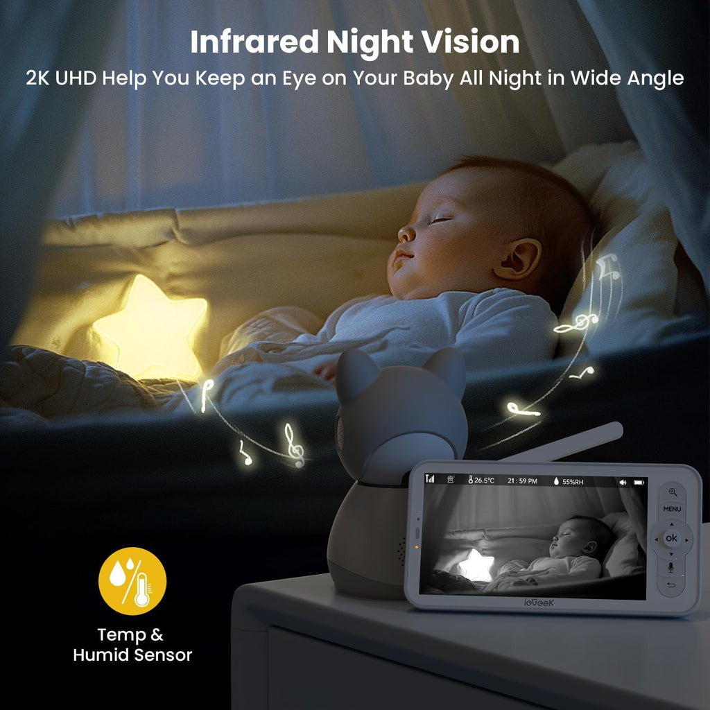 ieGeek Baby Monitor with 2 Cameras, 5' Large Screen Split-Screen Video Baby Monitor | 2K HD Non-WiFi Monitor with App & Parent Unit | Night Vision, 2-Way Audio, Cry Detection, Temperature Sensor