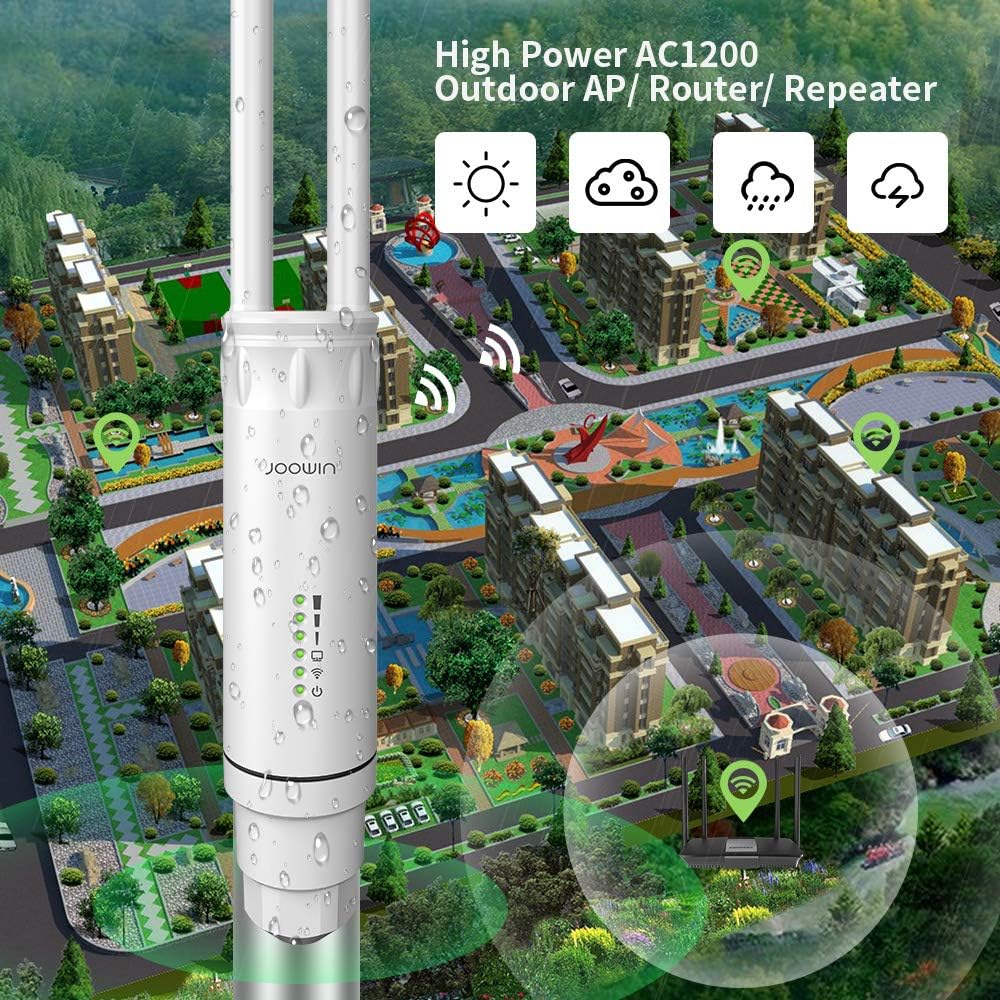AC1200 High Power Outdoor Wireless Access Point Weatherproof WiFi Range Extender with POE Dual Band 2.4G&5.8GHz 802.11AC Wireless WiFi Access Points/Repeater/Router/Bridge Mode, 2x5dBi Antenna