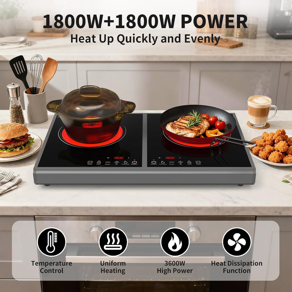 GIHETKUT Electric Cooktop,110V 3600W Stove top, 20 inch Countertop with 9 Power Levels,LED touch control,Overheat Protection,Child Safety Lock & Timer,touch control 2 burner Electric cooktop