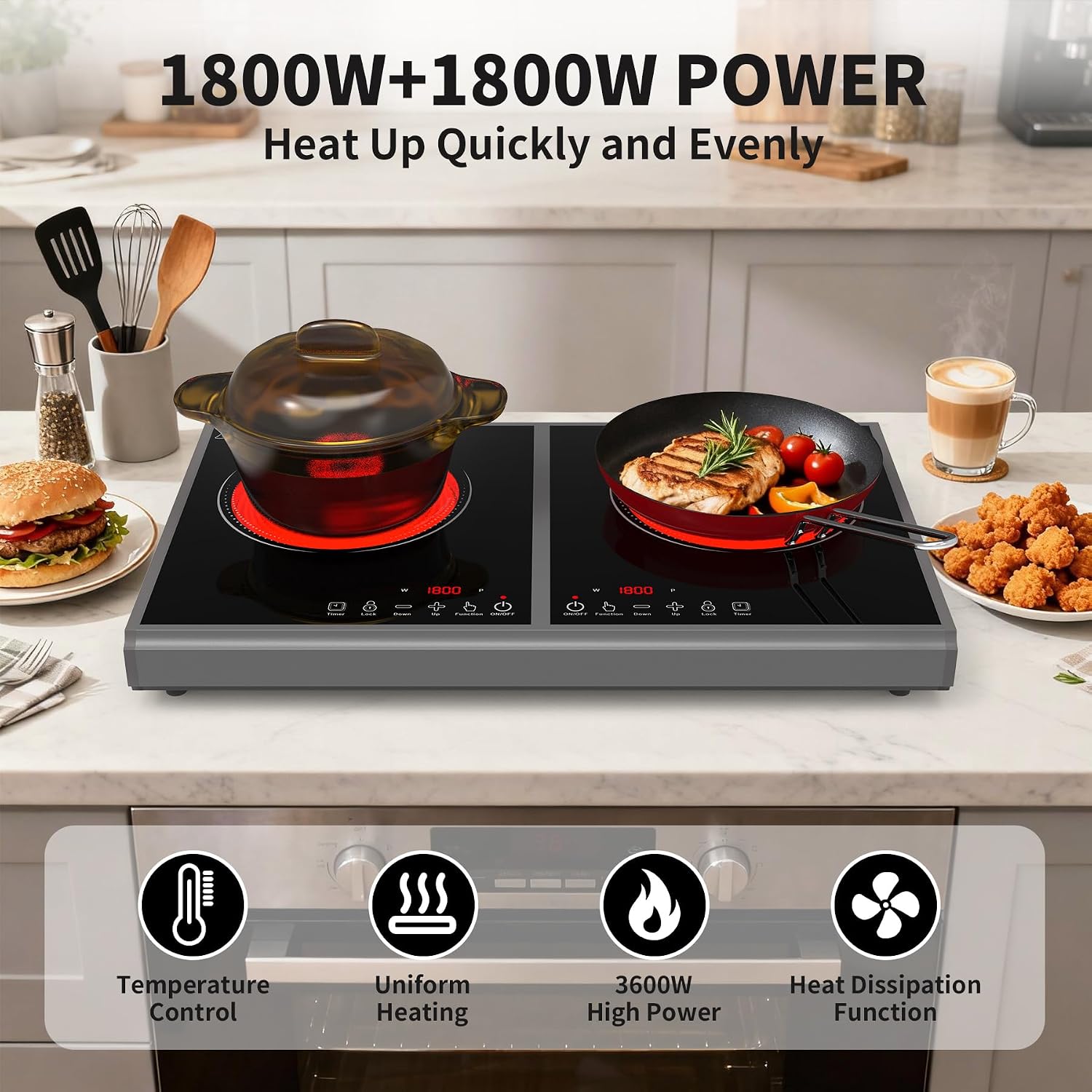 GIHETKUT Electric Cooktop,110V 3600W Stove top, 20 inch Countertop with 9 Power Levels,LED touch control,Overheat Protection,Child Safety Lock & Timer,touch control 2 burner Electric cooktop