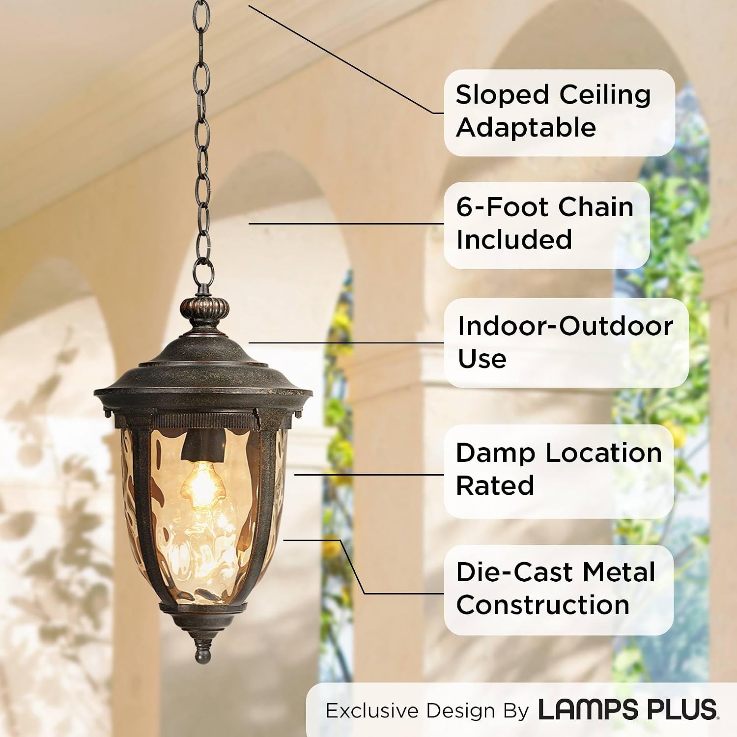 John Timberland Bellagio European Outdoor Ceiling Light Hanging Bronze Brown 18' Champagne Hammered Glass Damp Rated for Exterior House Porch Patio Outside Deck Garage Front Door Garden Home