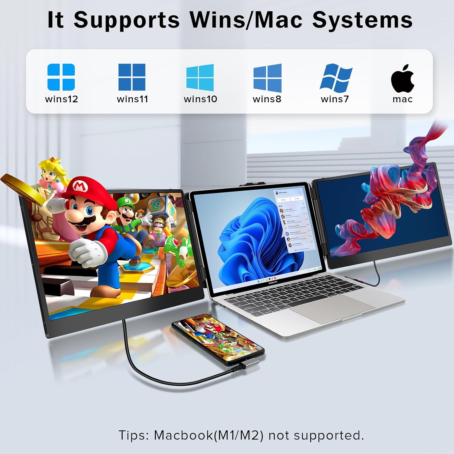Laptop Screen Extender - 14 Inch 1080p FHD IPS Triple Portable Monitor for 13-17.3 Inch Laptops - Plug and Play Type-C/HDMI for Windows, Mac