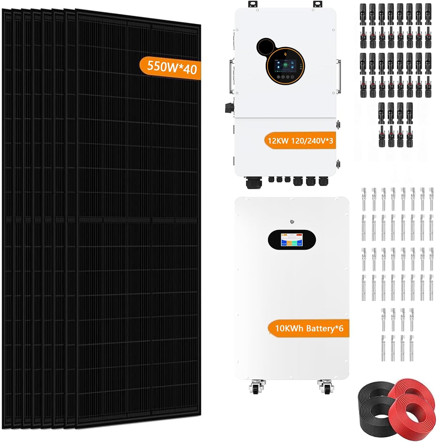 22000W Hybrid Solar System Complete Kit with 3Sets 12KW Solar Hybrid Inverter,6Sets 48V 206Ah 10KWh LiFePO4 Battery 40PCS Bificial 550W Solar Panels with MPPT Controller 120/240Vac