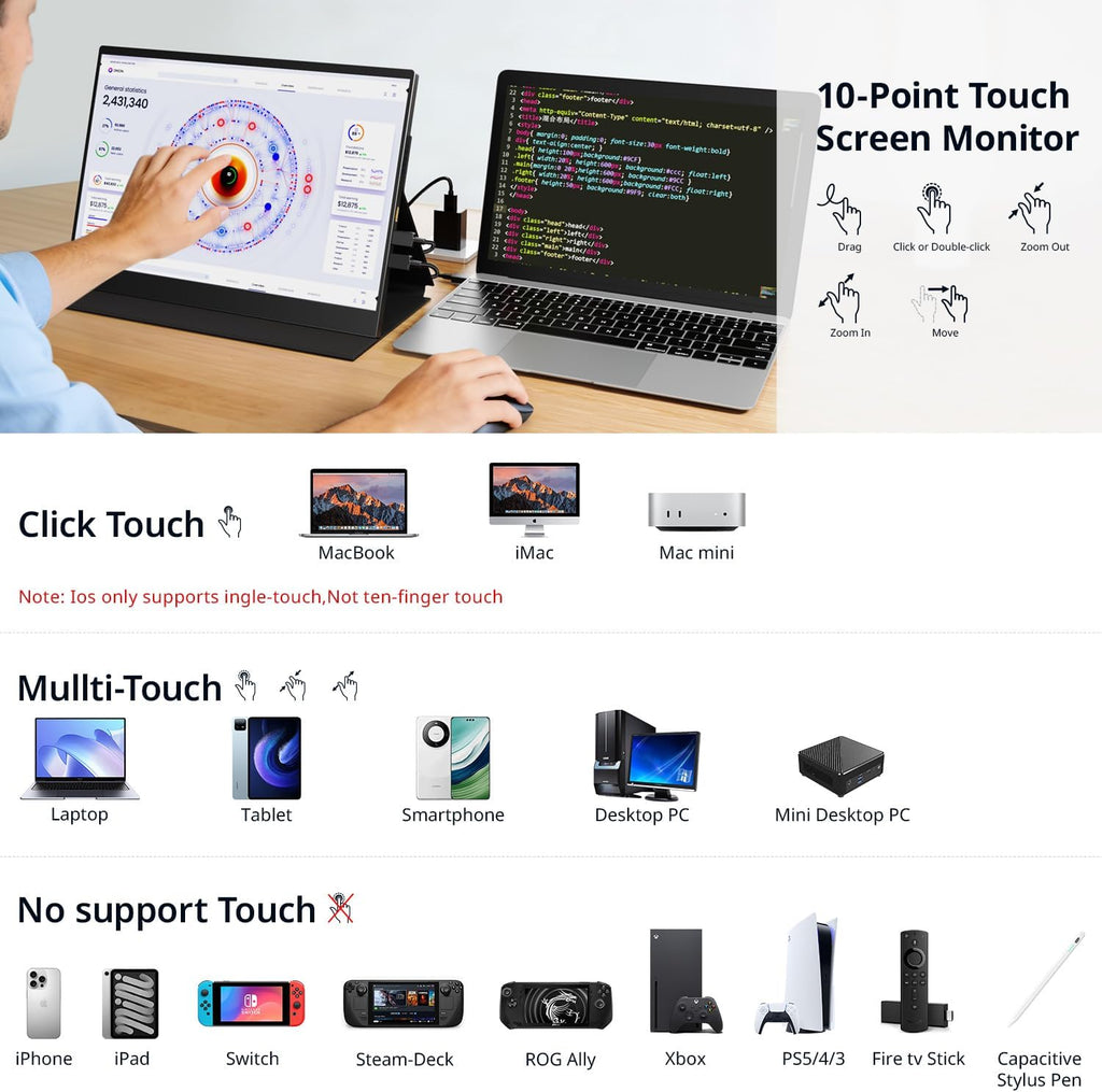 AYY 4k Portable Monitor Touchscreen, 13.4' 3840x2160 Second Screen 100% sRGB,400cd HDR USB C Ultra Slim IPS Laptop Monitor, for Mac Switch