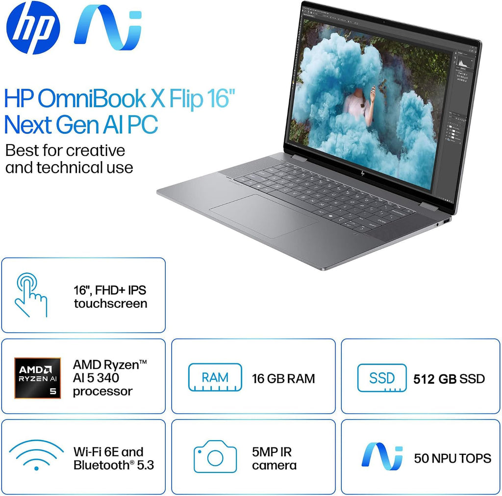 HP OmniBook X Flip 16 (Next Gen Envy 16 x360) 2-in-1 Touchscreen Laptop (16' FHD+, AMD Ryzen AI 5 340 (> Intel i7-1355U), 16GB DDR5, 512GB SSD) AI Copilot+ PC for Creator, Designer, Win 11 Pro