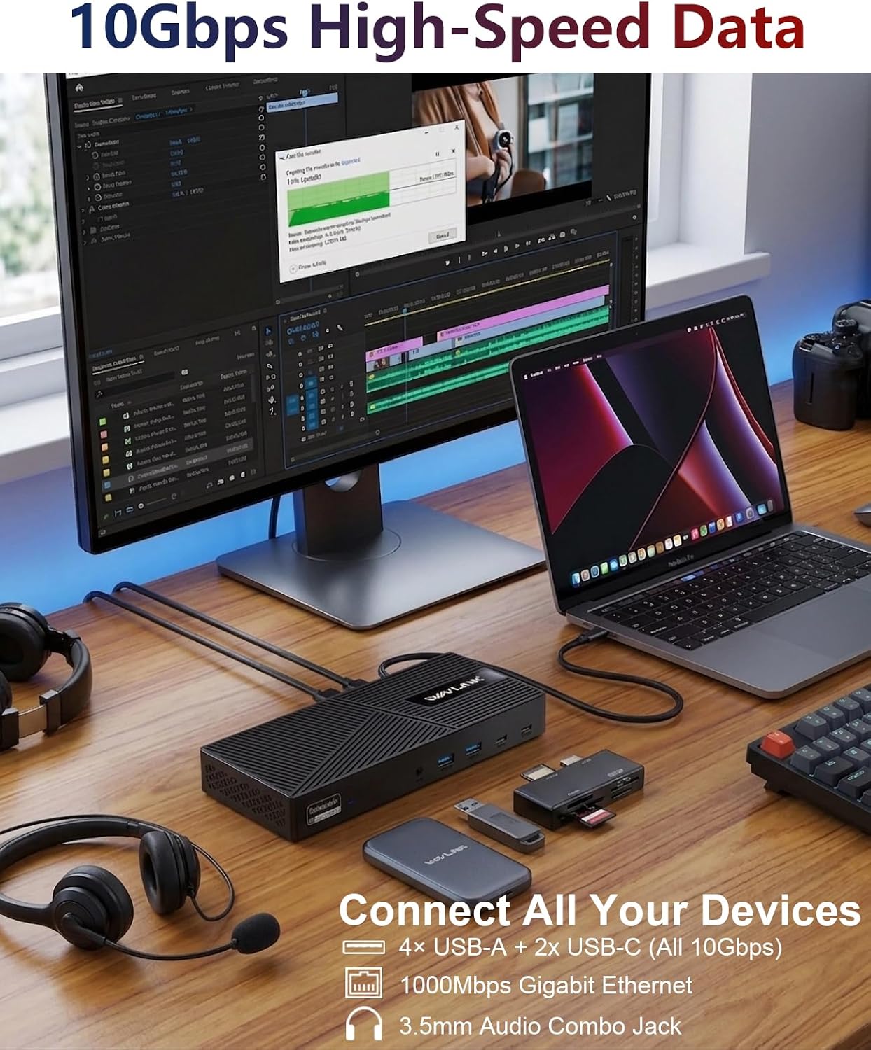 WAVLINK USB-C Triple Monitor Docking Station for MacBook M1-M5/Neo & Windows – 100W PD, 3×HDMI/2×DisplayPort, 6x10Gbps USB Ports, Gigabit Ethernet, Ideal for Workstation & Home Office
