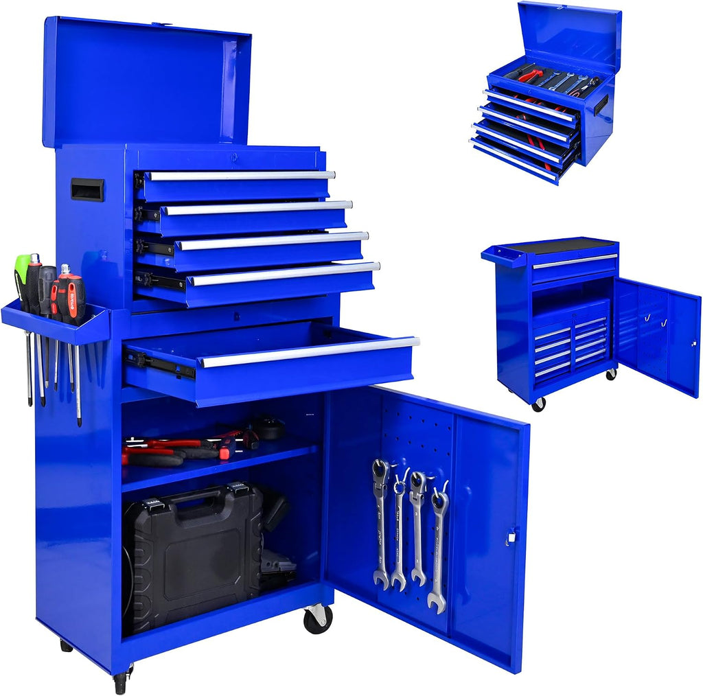 5-Drawer Tool Chest, Rolling Tool Box with Detachable Top Toolbox & Universal Wheels, Tool Cabinet with Lock Bar, Protective Liner & Tool Rack, Metal Storage Cart for Garage,Workshop (Blue)