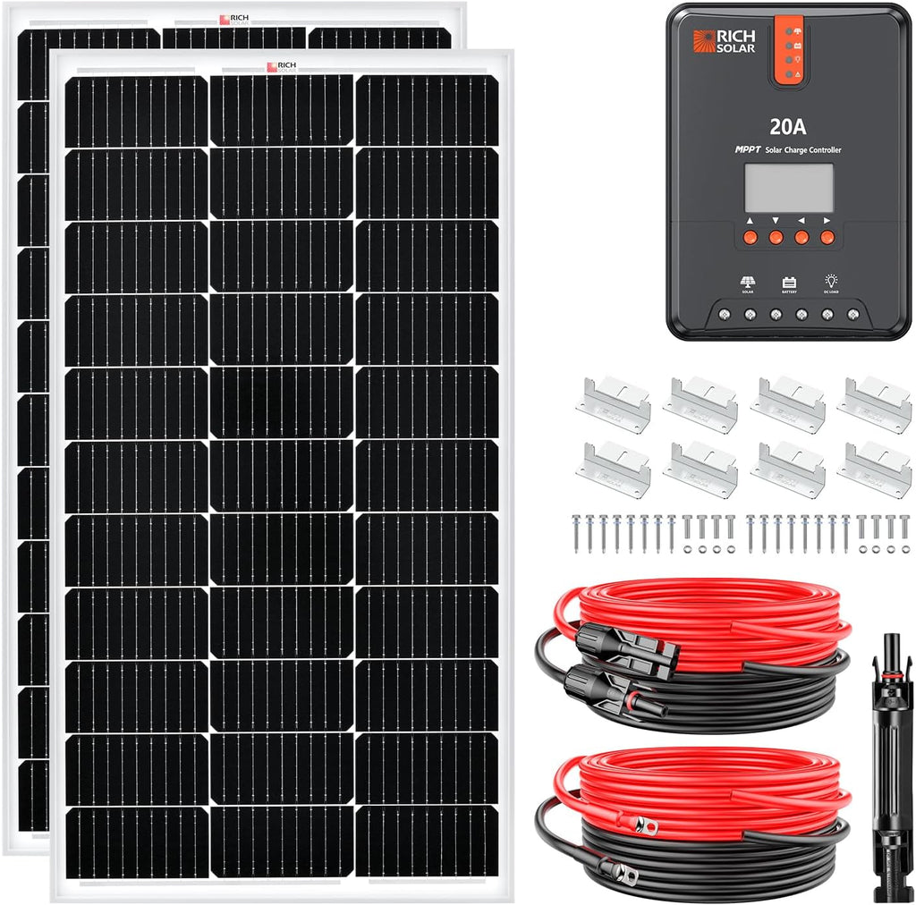 RICH SOLAR 200W 12V Starter Solar Kit - 2 Pack of 100W Solar Panel, 20A MPPT Charge Controller, 15A Inline Fuse Holder with Fuse