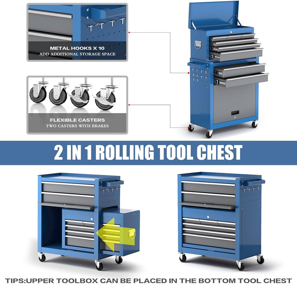 Rolling Tool Chest,8-Drawer Tool Chest with Wheels, Removable Toolbox Organizer,Detachable Large Tool Storage Cabinet with Lock & 10 Hooks & 8 Drawer Organizers,Suit for Garage,Warehous